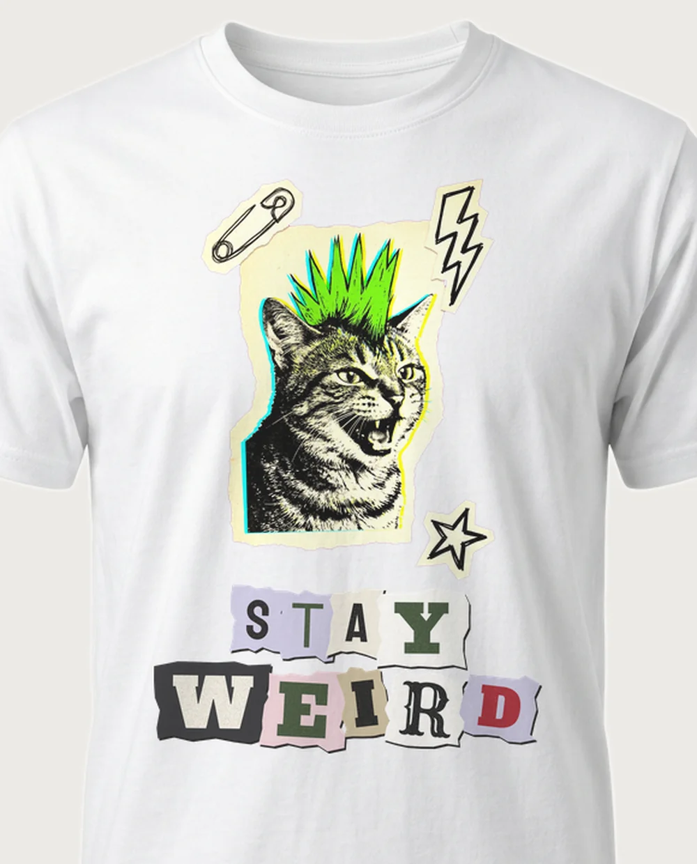 STAY WEIRD punk cat — Ransom Zine on a white tee