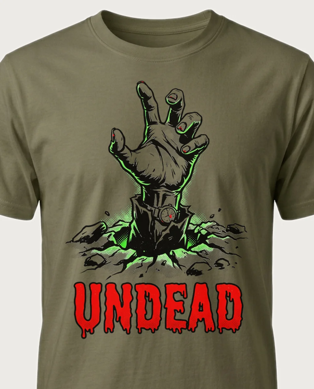 UNDEAD zombie hand — Retro Horror on a military-green tee