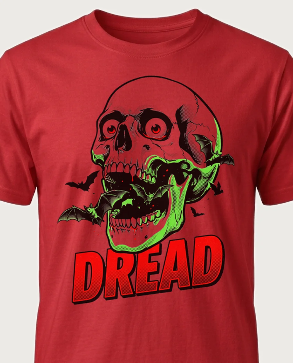 DREAD skull & bats — Retro Horror on a red tee