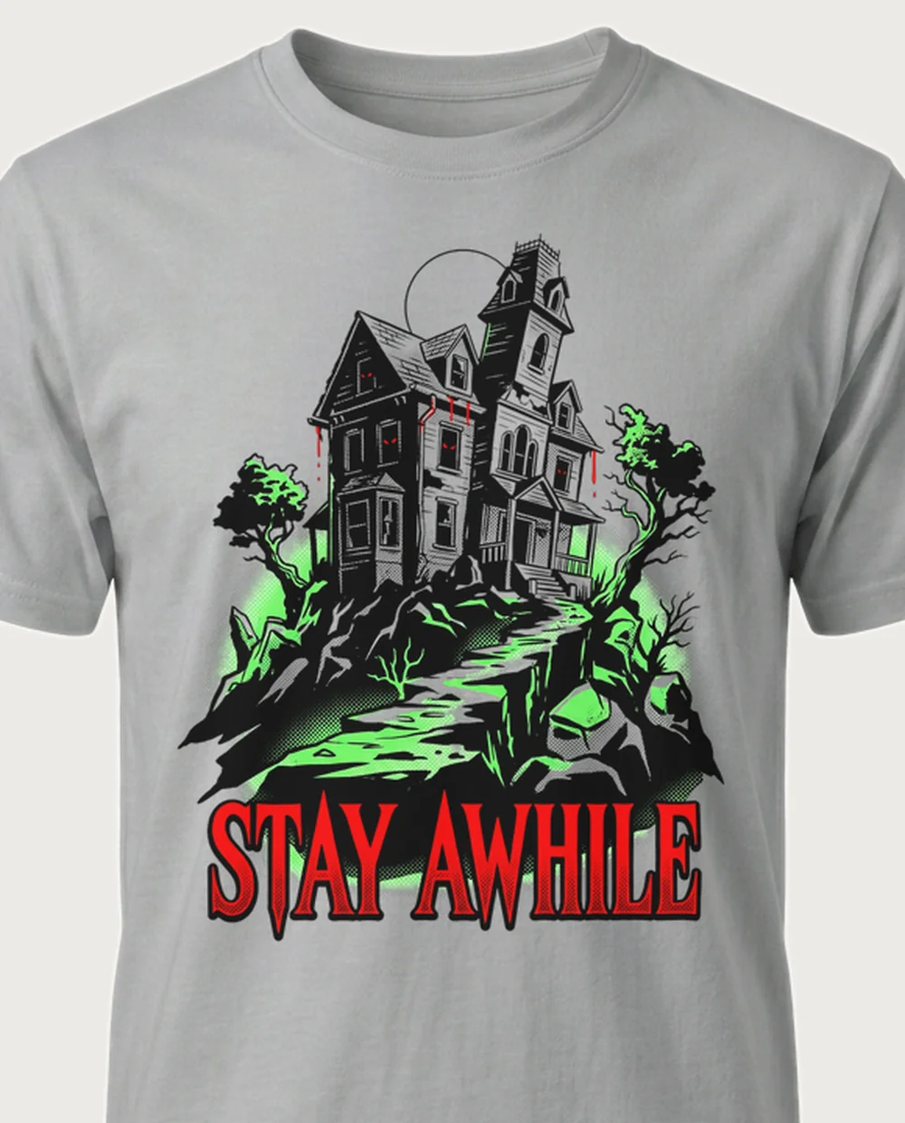 STAY AWHILE haunted house — Retro Horror on a sport grey tee