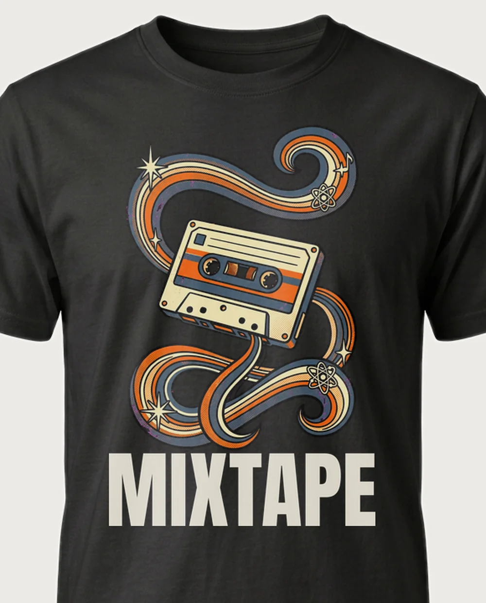 MIXTAPE cassette — Retro Print on a black tee