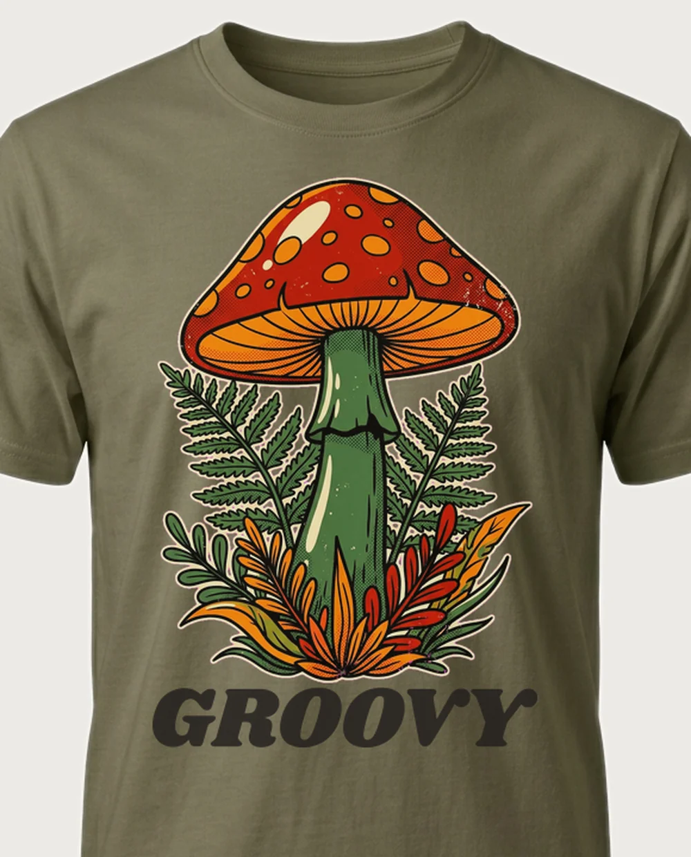 GROOVY mushroom — Retro Print on a military-green tee