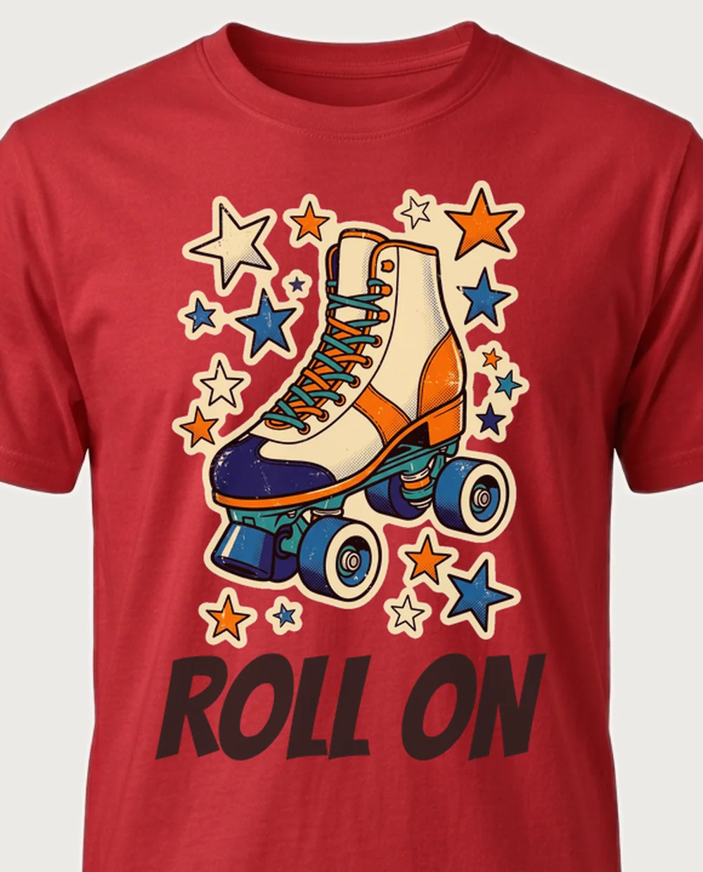 ROLL ON roller skate — Retro Print on a red tee