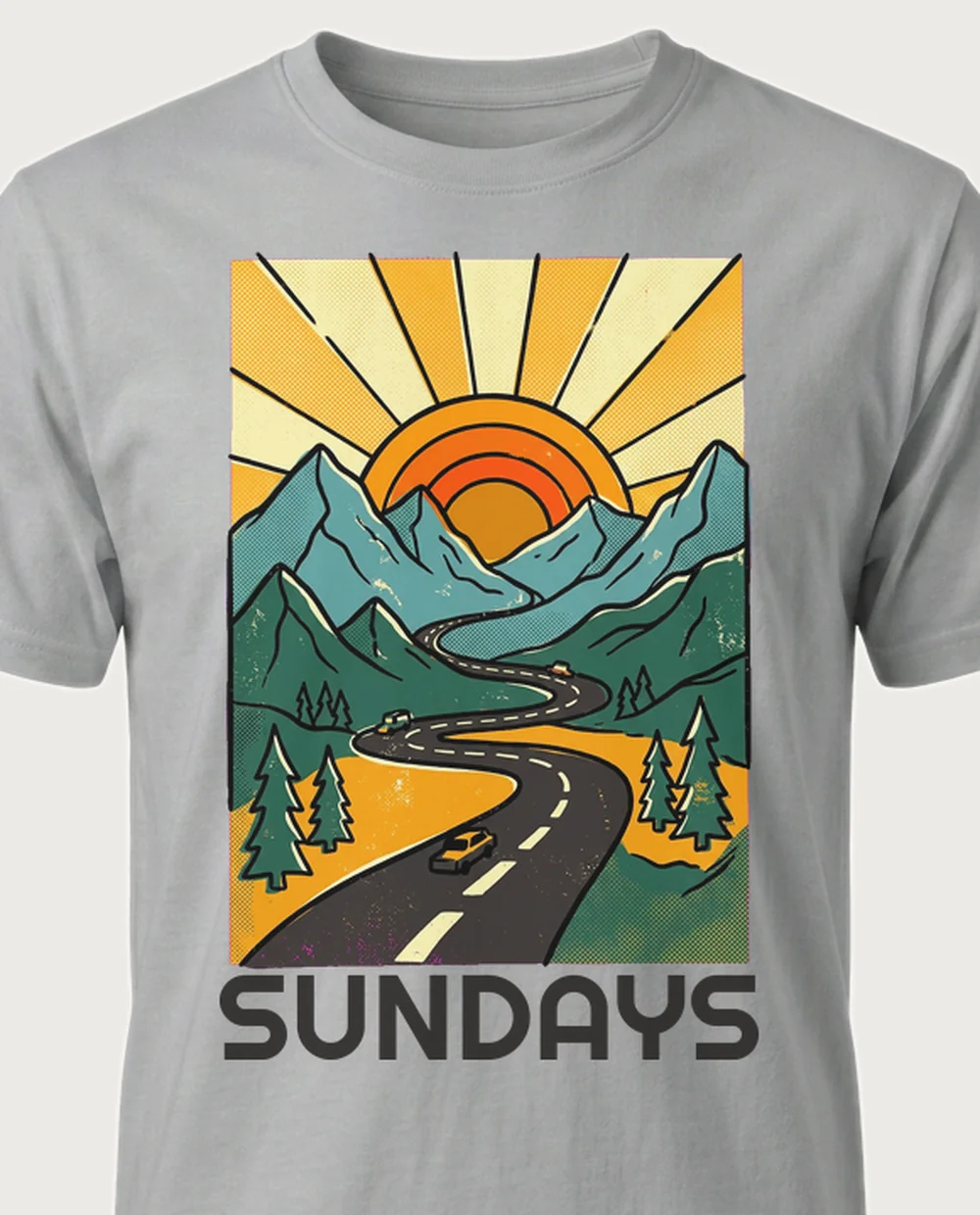 SUNDAYS sunset — Retro Print on a sport grey tee