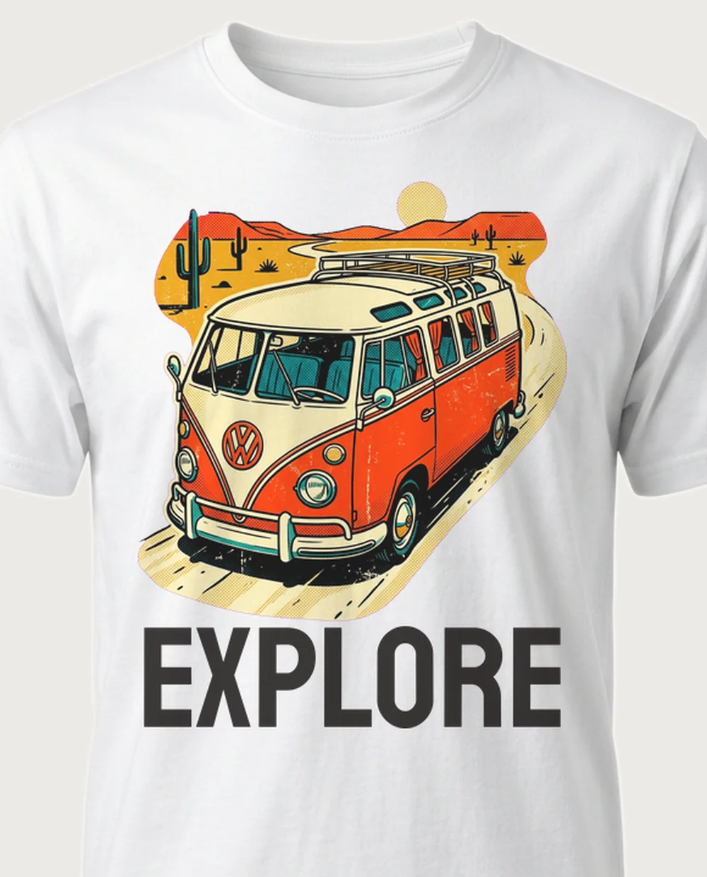 EXPLORE camper van — Retro Print on a white tee