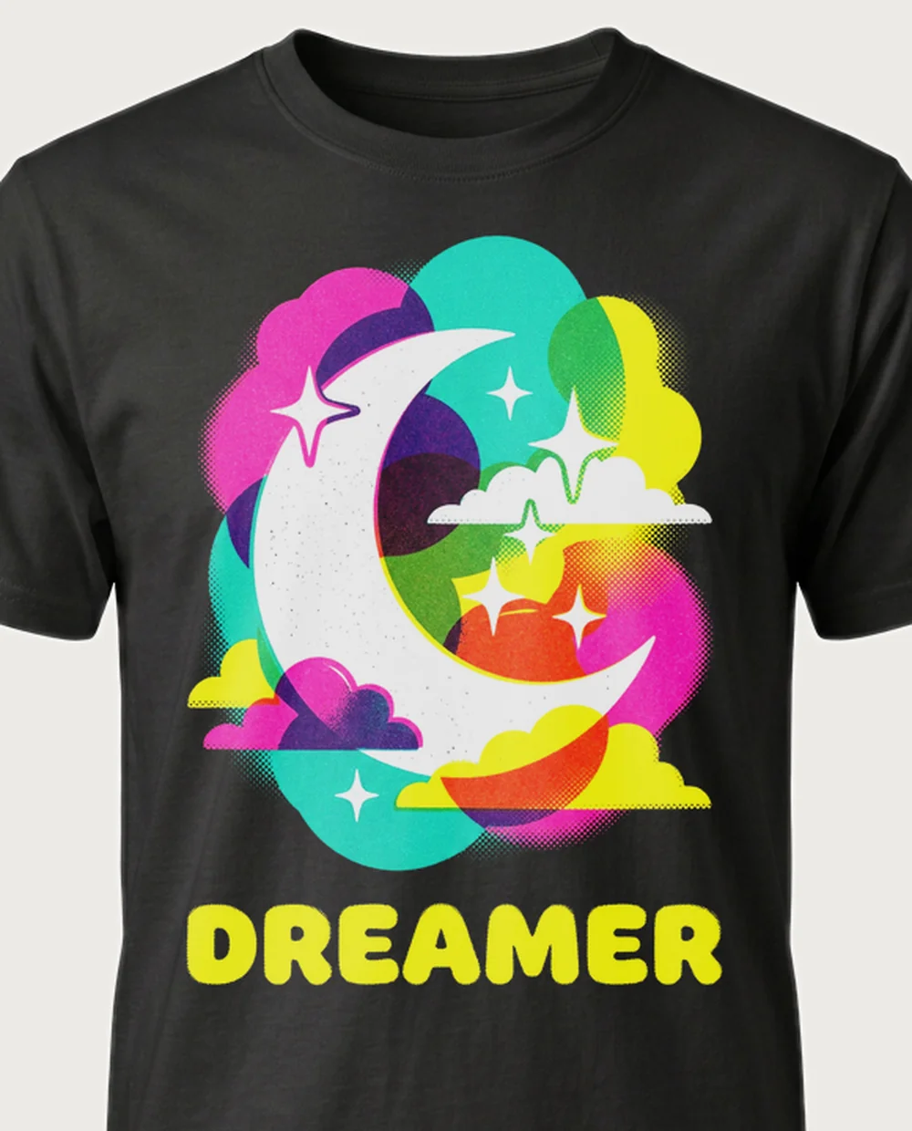 DREAMER moon — Risograph on a black tee
