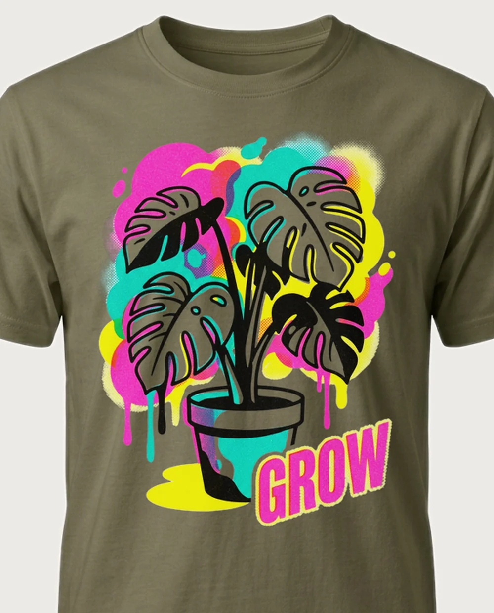 GROW monstera — Risograph on a military-green tee