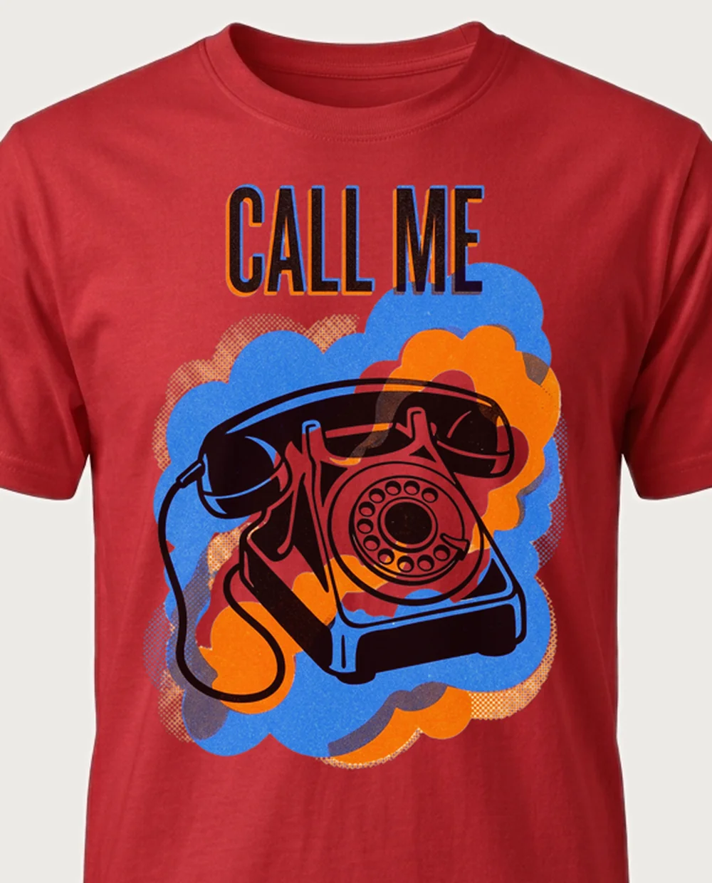 CALL ME telephone — Risograph on a red tee