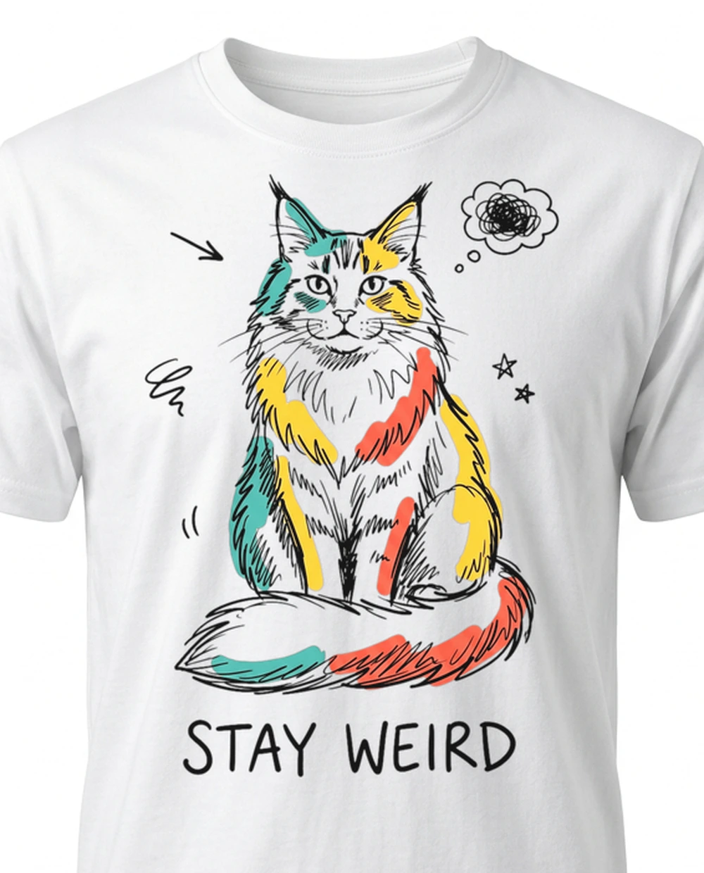 STAY WEIRD cat — Colour Sketch Doodle on a white tee