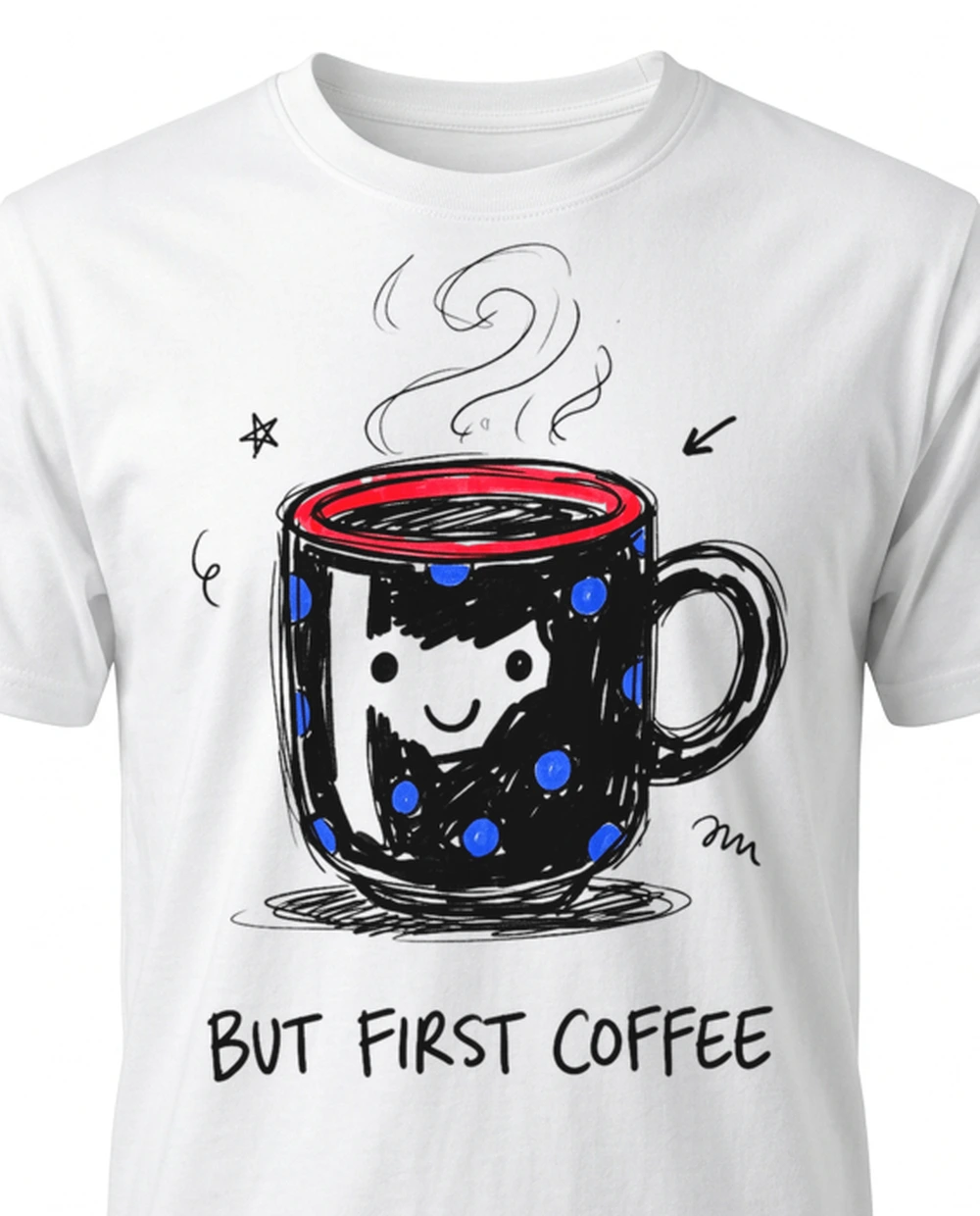 BUT FIRST COFFEE cup — Colour Sketch Doodle on a white tee