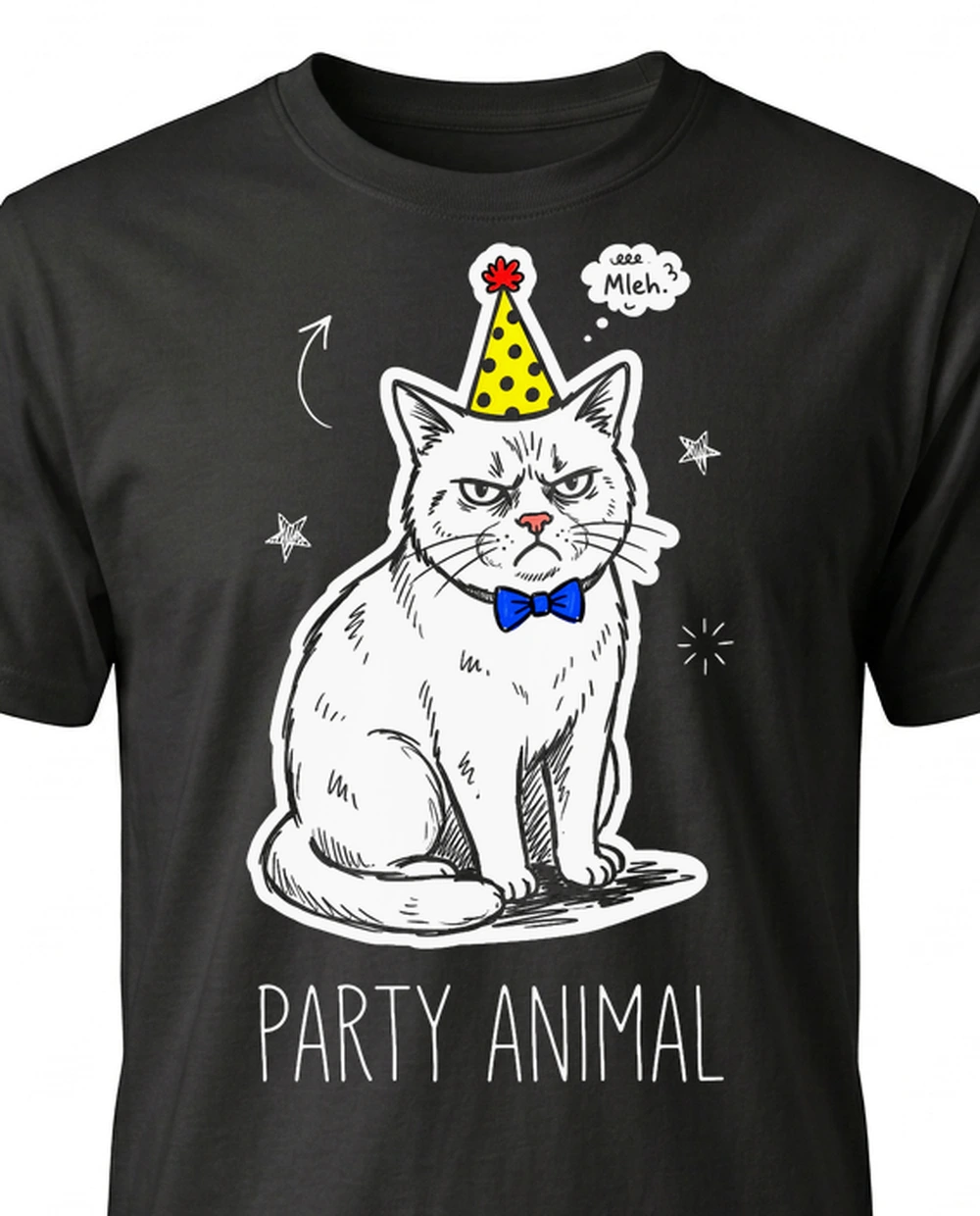 PARTY ANIMAL grumpy cat — Colour Sketch Doodle on a black tee