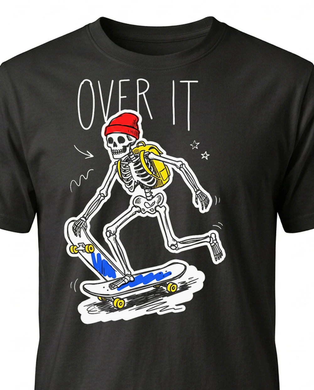 OVER IT skateboarding skeleton — Colour Sketch Doodle on a black tee