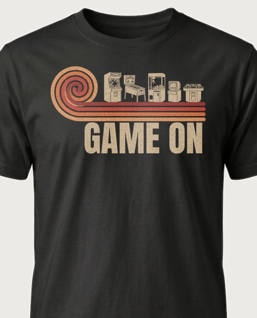 GAME ON arcade — Retro Spiral on a black tee