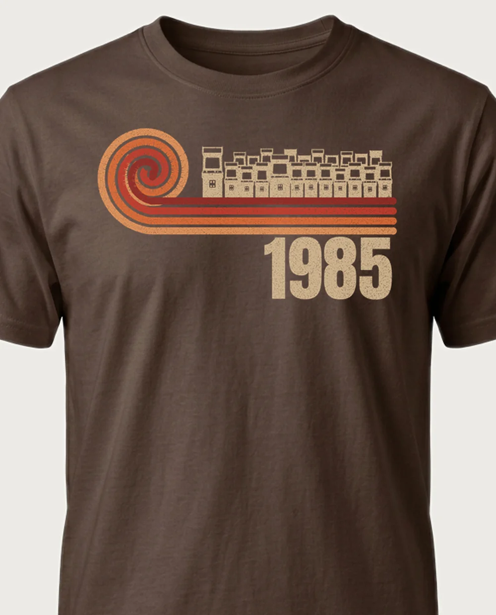 1985 game room — Retro Spiral on a chocolate tee