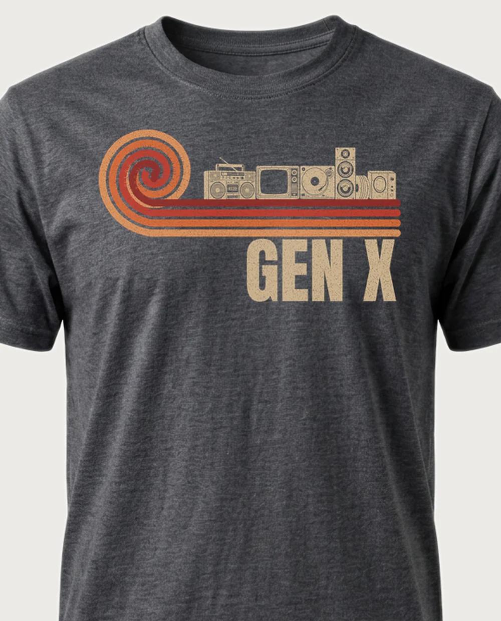 GEN X retro — Retro Spiral on a dark heather tee