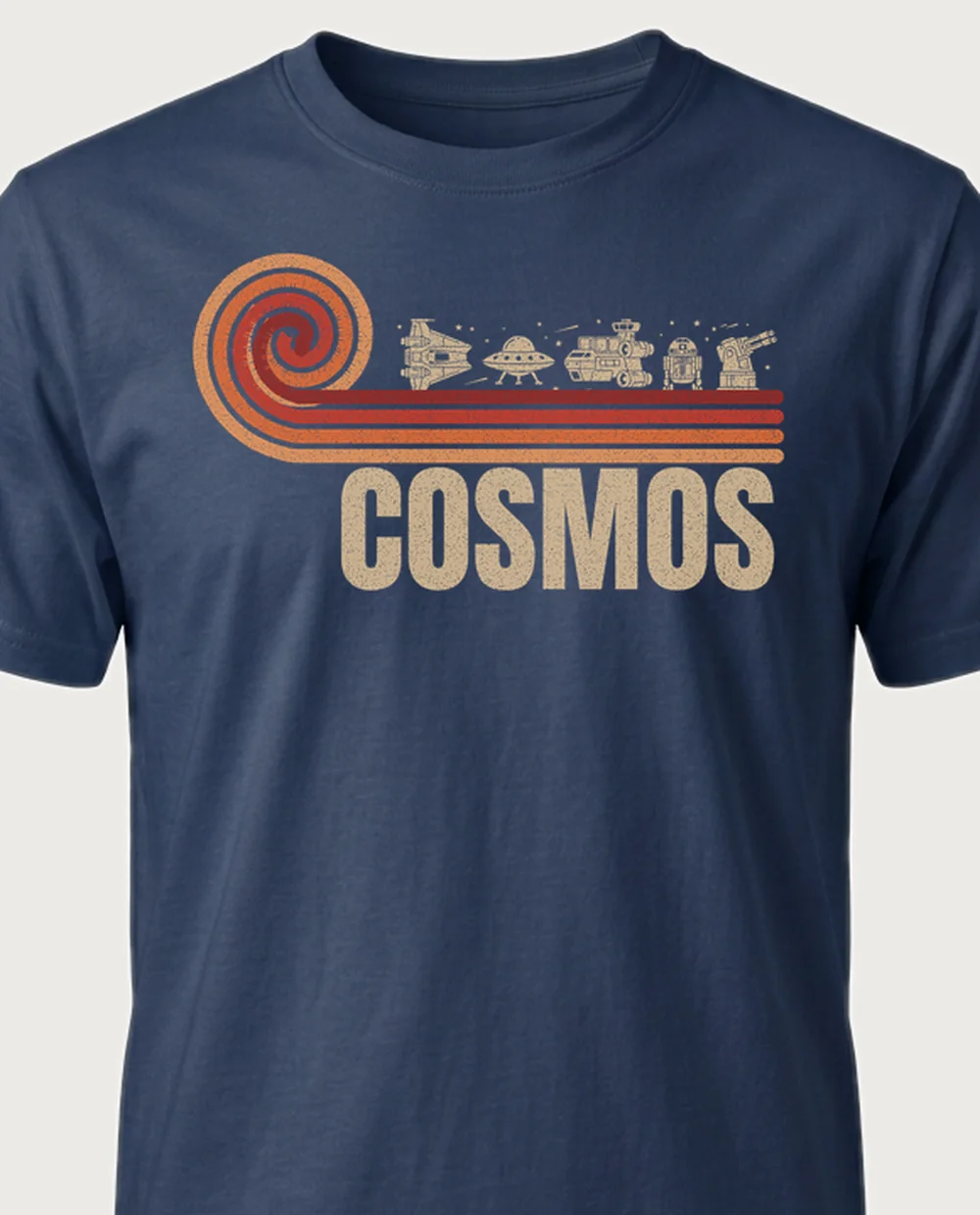 COSMOS galactic — Retro Spiral on a navy tee