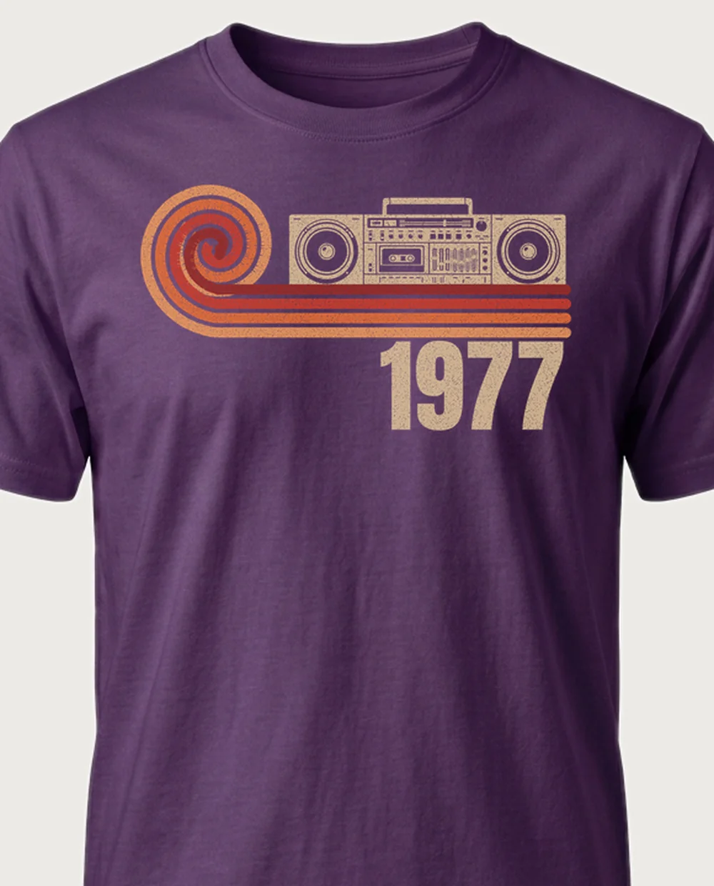 1977 boombox — Retro Spiral on a purple tee