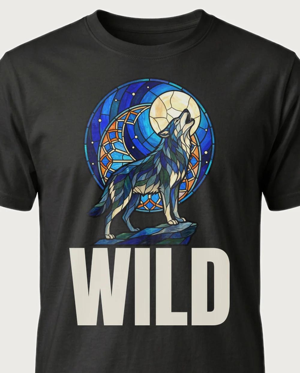 WILD wolf — Stained Glass on a black tee