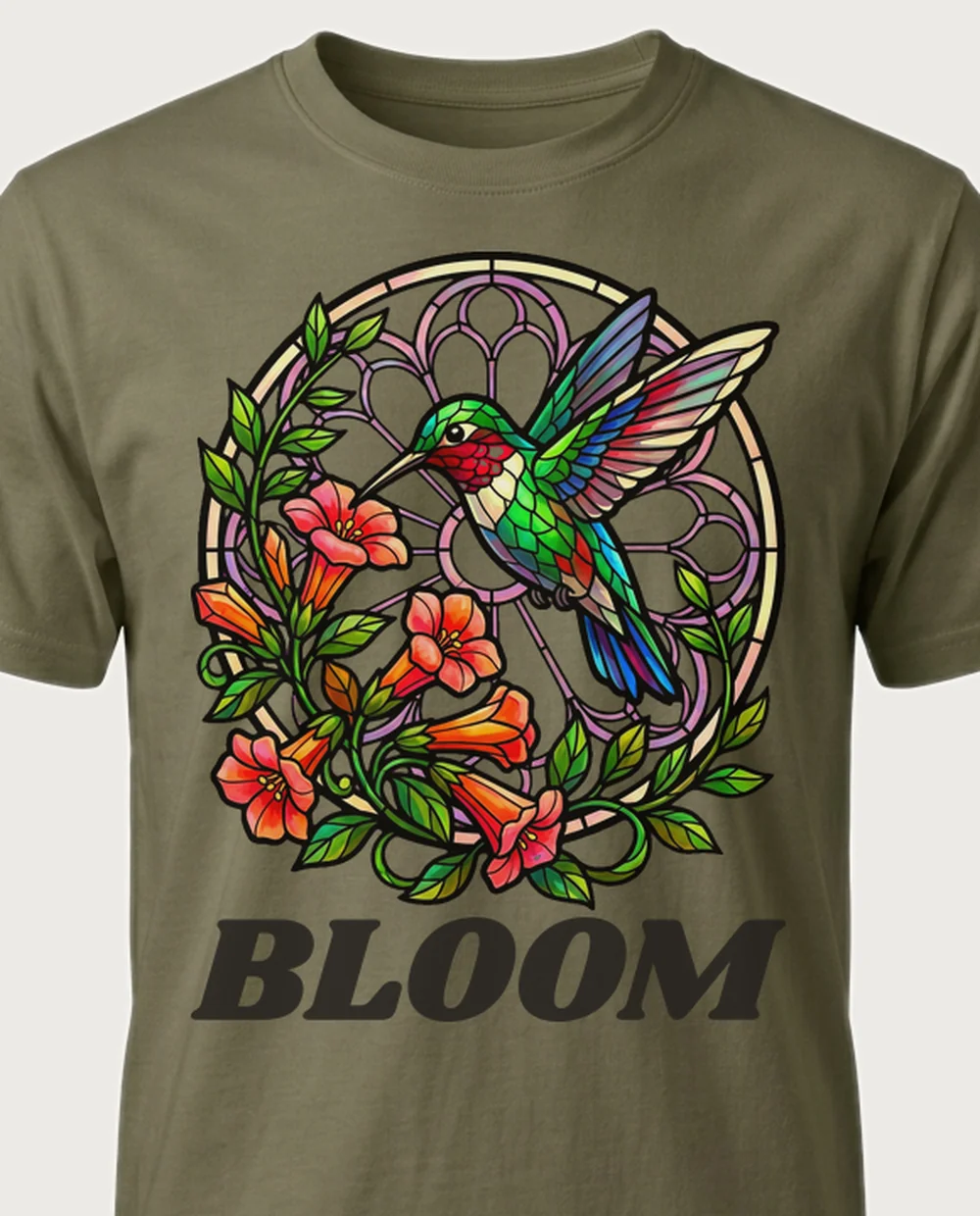 BLOOM hummingbird — Stained Glass on a military-green tee