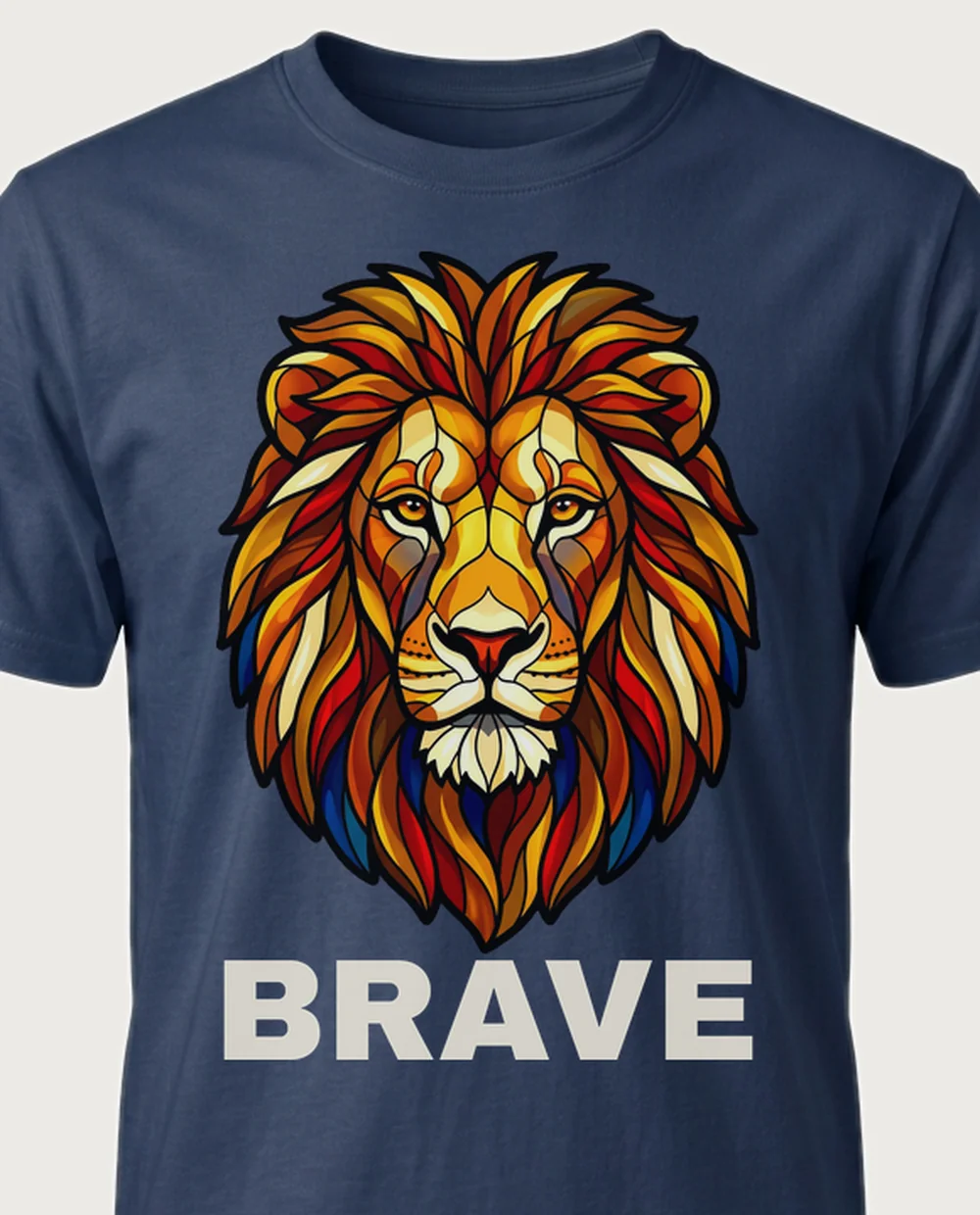 BRAVE lion — Stained Glass on a navy tee