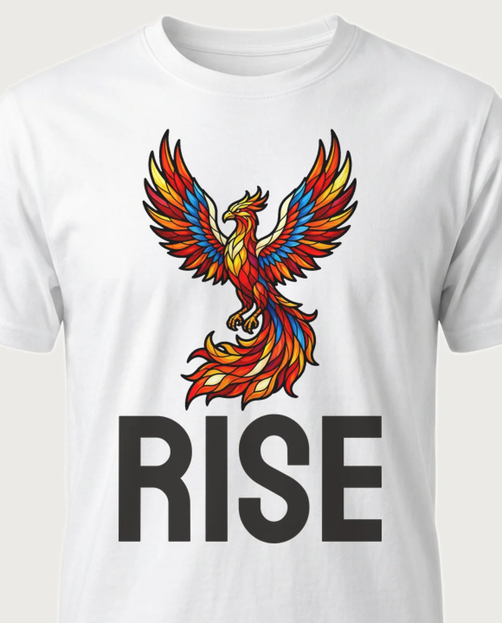 RISE phoenix — Stained Glass on a white tee
