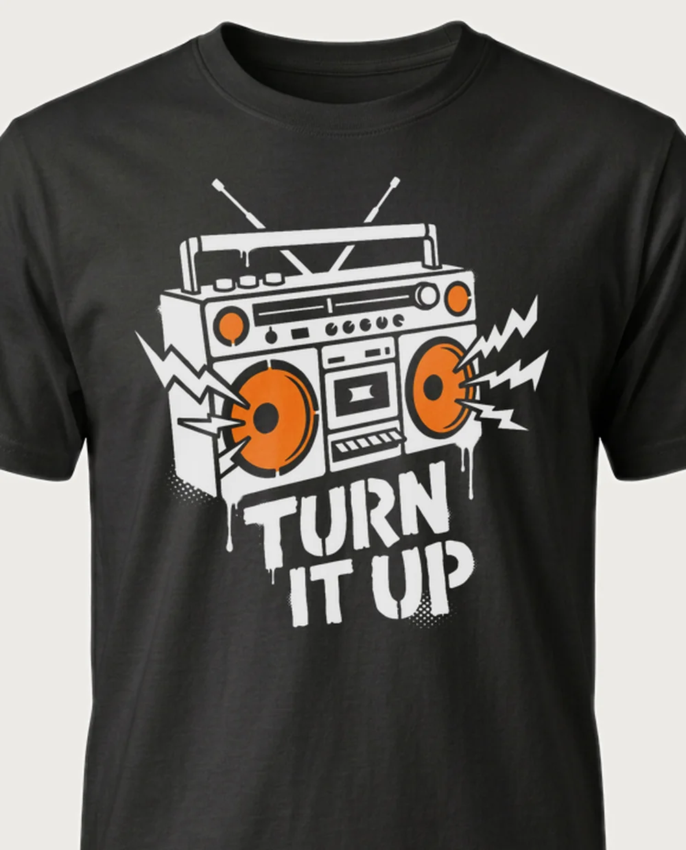TURN IT UP boombox — Street Stencil on a black tee