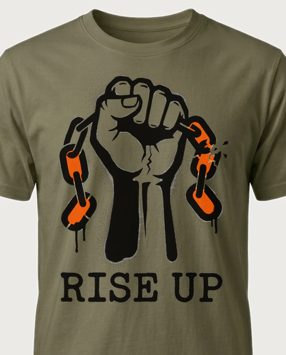 RISE UP fist — Street Stencil on a military-green tee