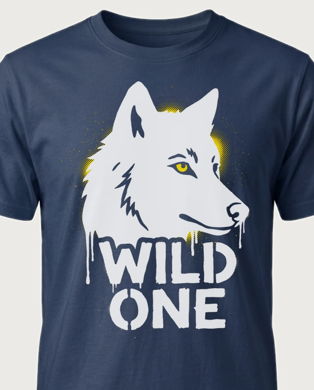 WILD ONE wolf — Street Stencil on a navy tee