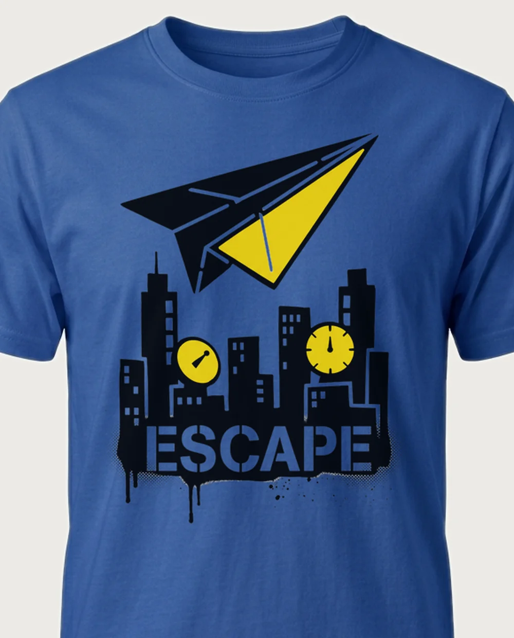 ESCAPE paper plane — Street Stencil on a royal blue tee