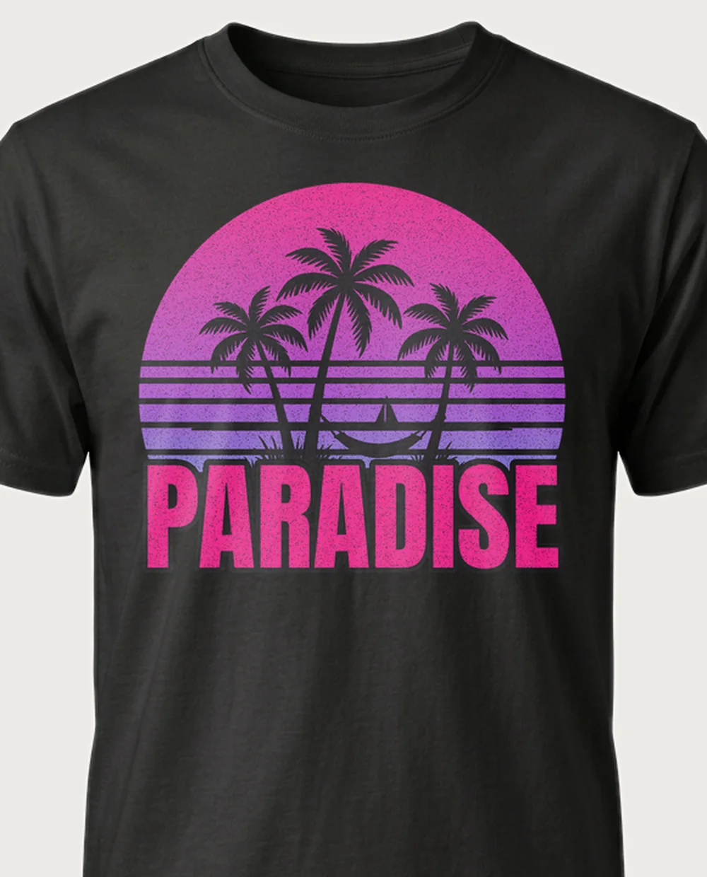 PARADISE palms — Sun + Text on a black tee