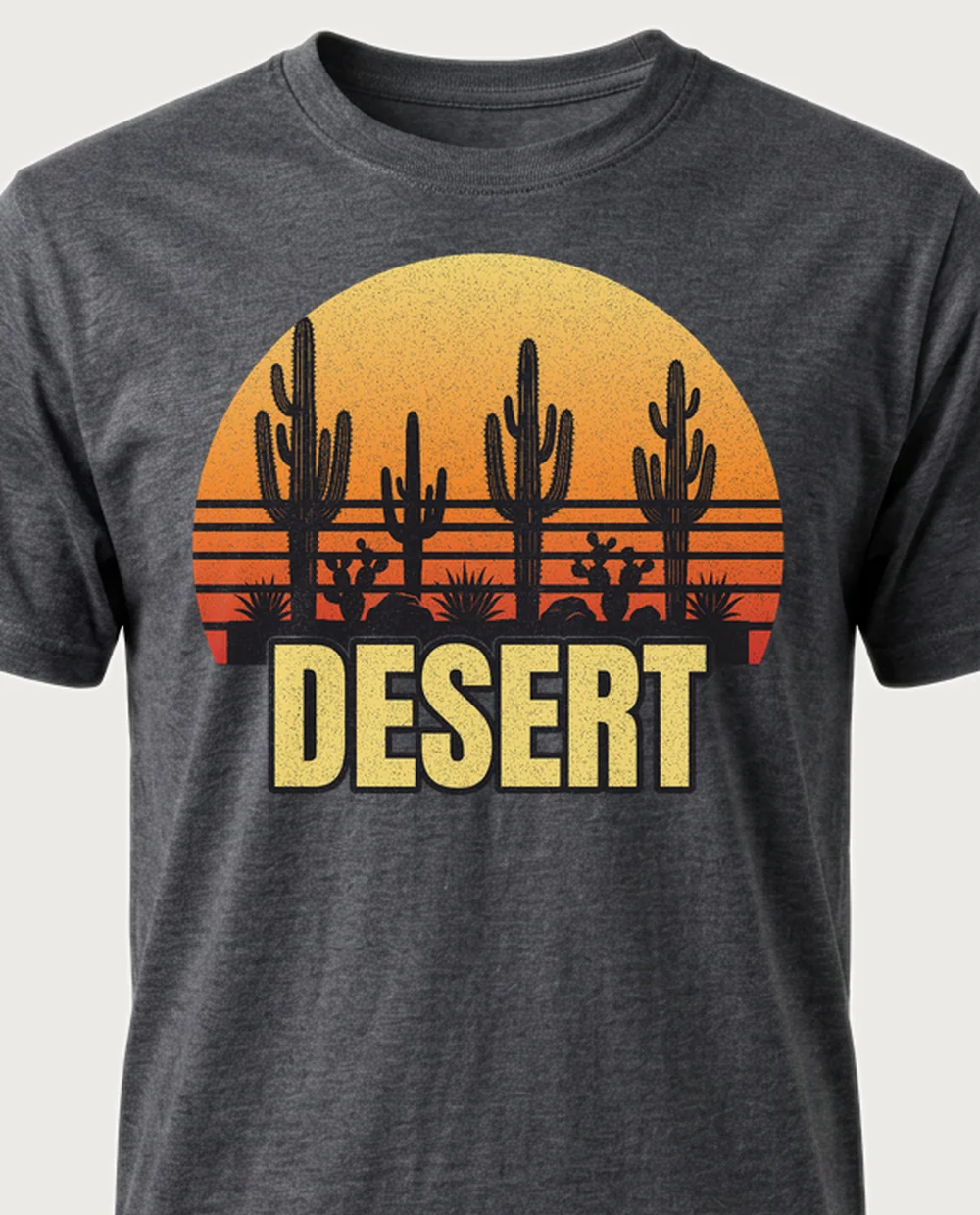 DESERT cacti — Sun + Text on a dark heather tee