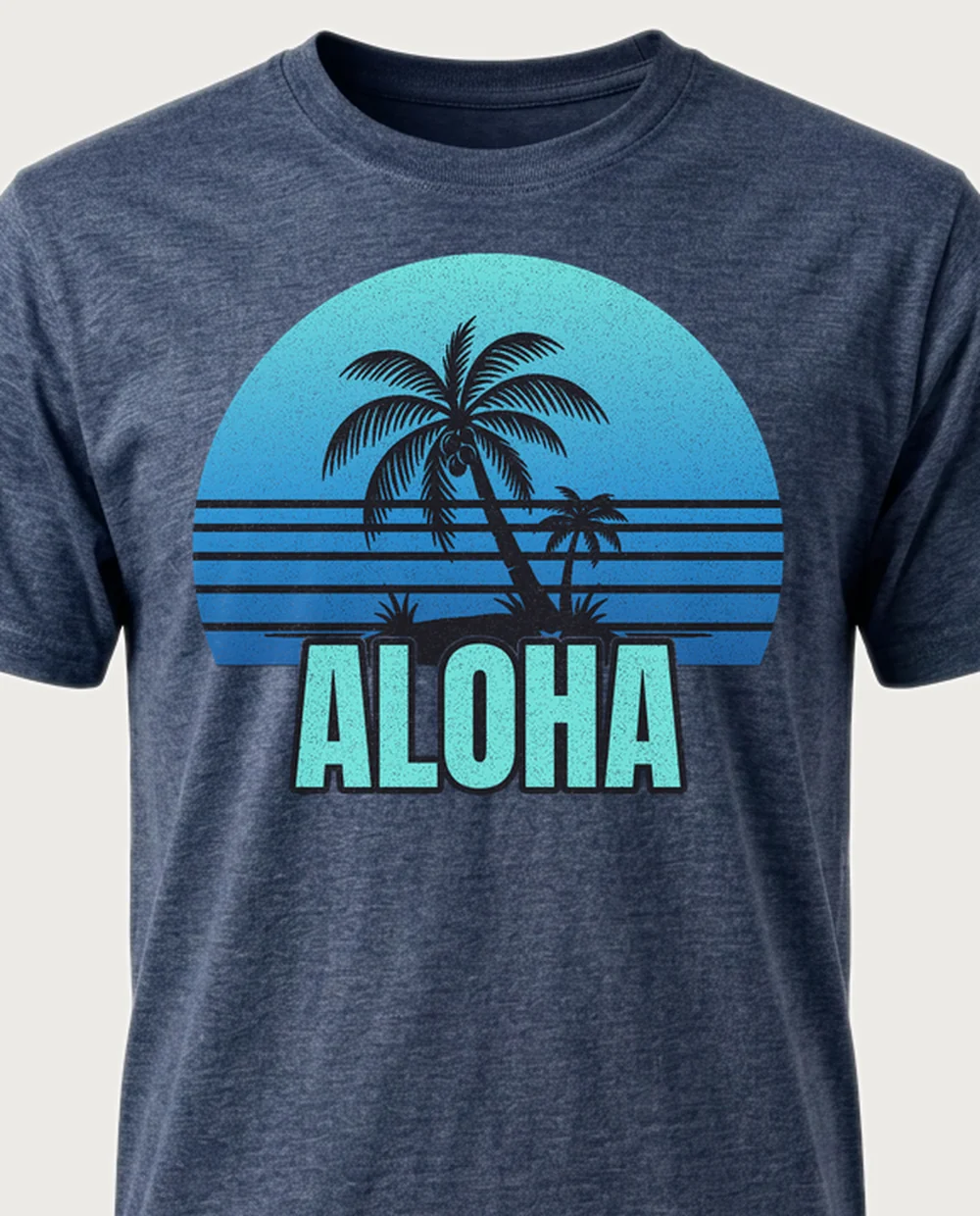 ALOHA island — Sun + Text on a heather navy tee