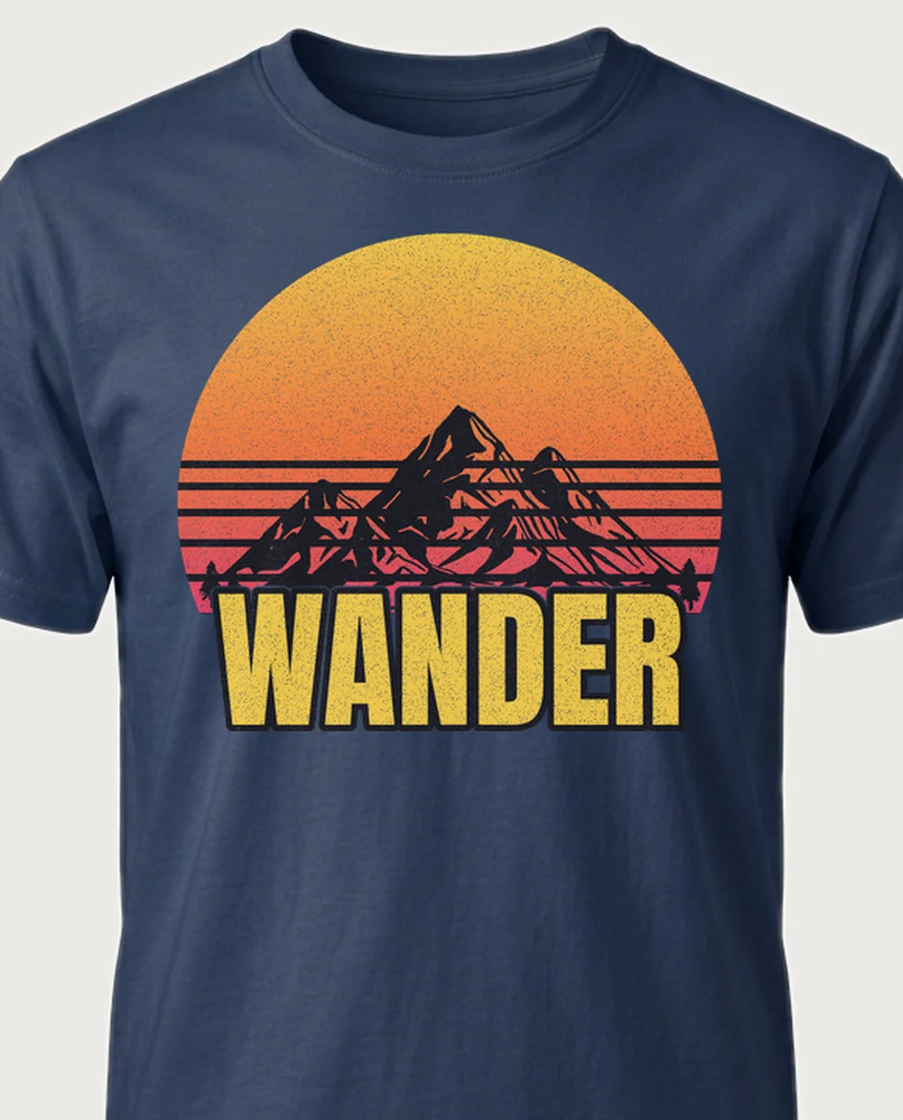 WANDER mountains — Sun + Text on a navy tee