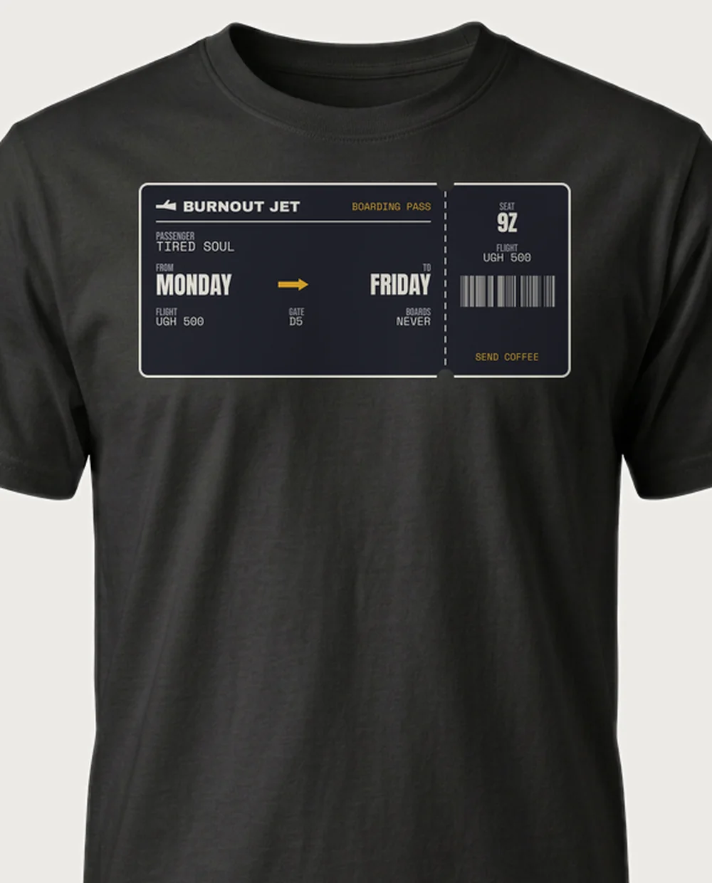 BURNOUT JET — Boarding Pass on a black tee