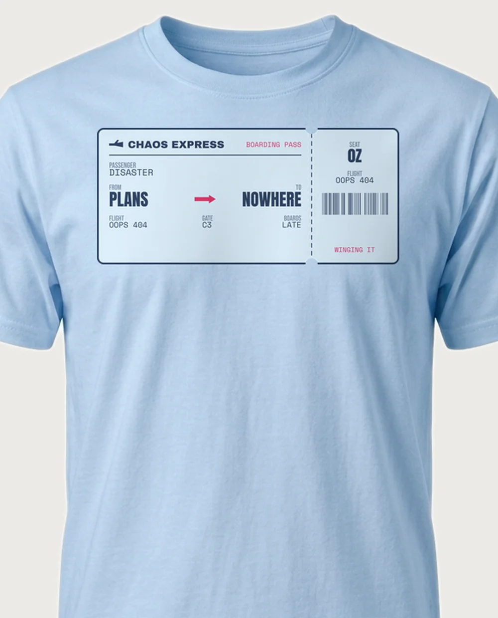 CHAOS EXPRESS — Boarding Pass on a light blue tee