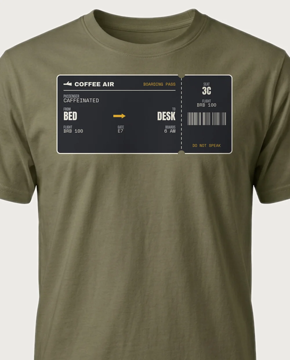 COFFEE AIR — Boarding Pass on a military green tee