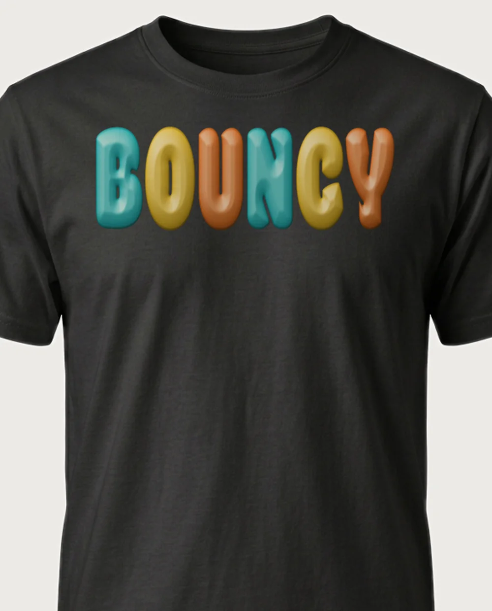'BOUNCY' — Bubble Inflate on a black tee