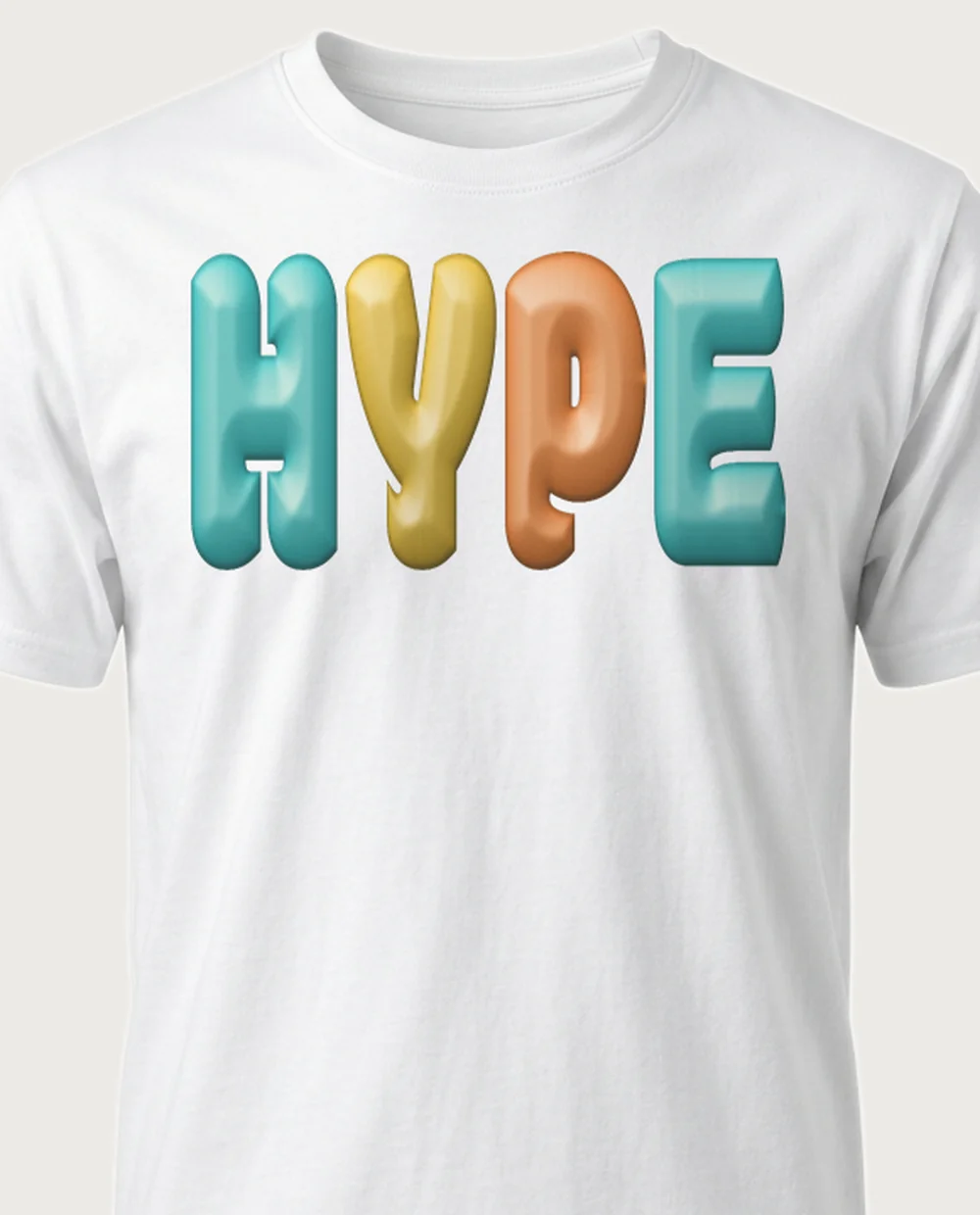'HYPE' — Bubble Inflate on a white tee