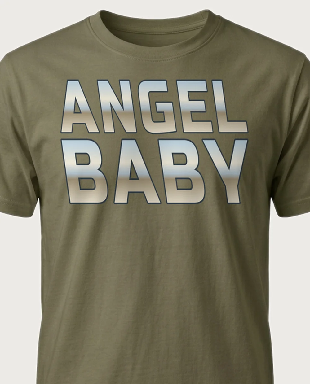 'ANGEL BABY' — Chrome Y2K Metal on a military green tee