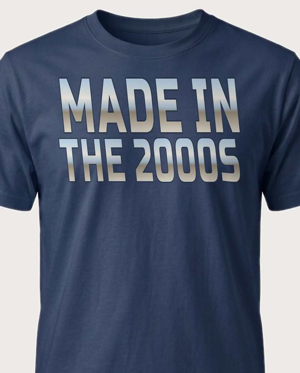 'MADE IN THE 2000S' — Chrome Y2K Metal on a navy tee