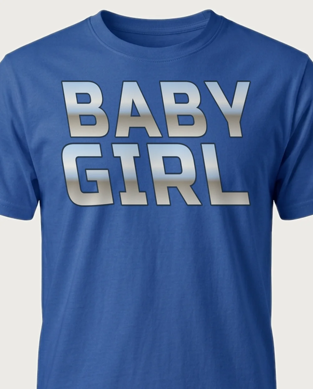 'BABY GIRL' — Chrome Y2K Metal on a royal blue tee