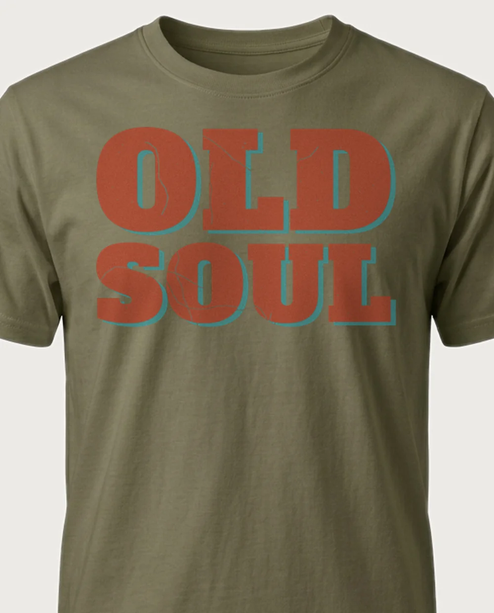 'OLD SOUL' — Distressed Vintage Press on a military green tee