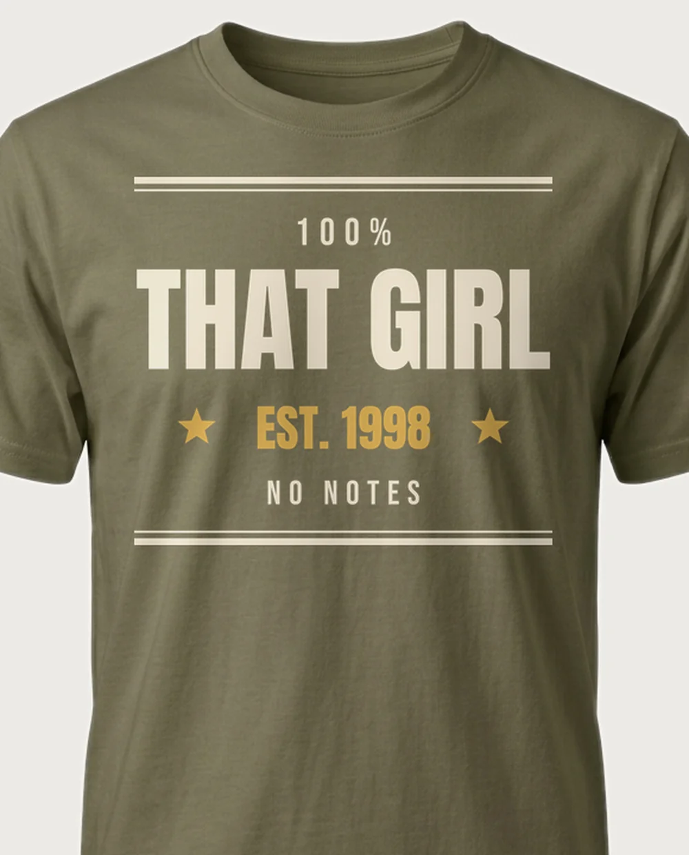 100% THAT GIRL — Established Since on a military green tee