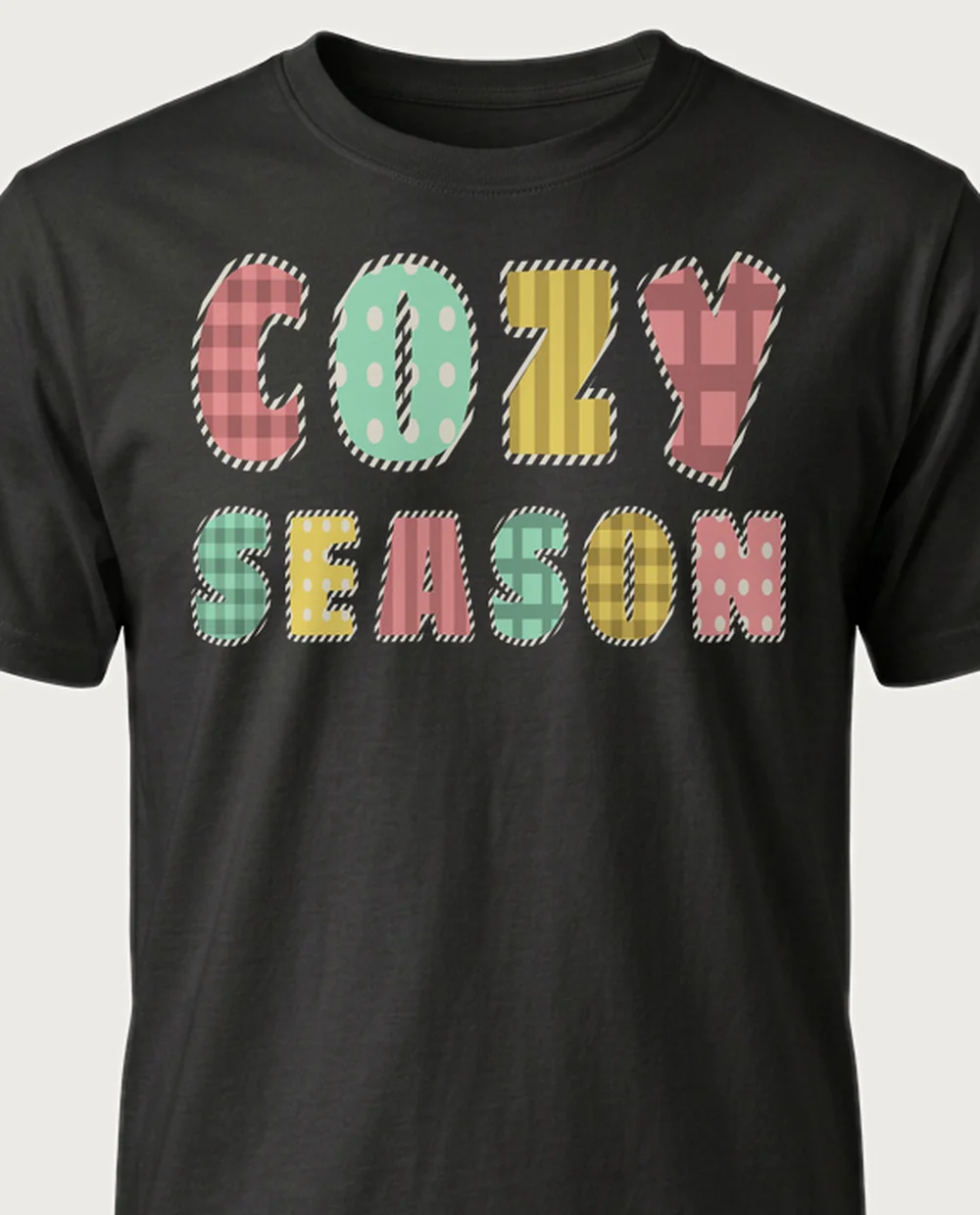 'COZY SEASON' — Fabric Appliqué on a black tee
