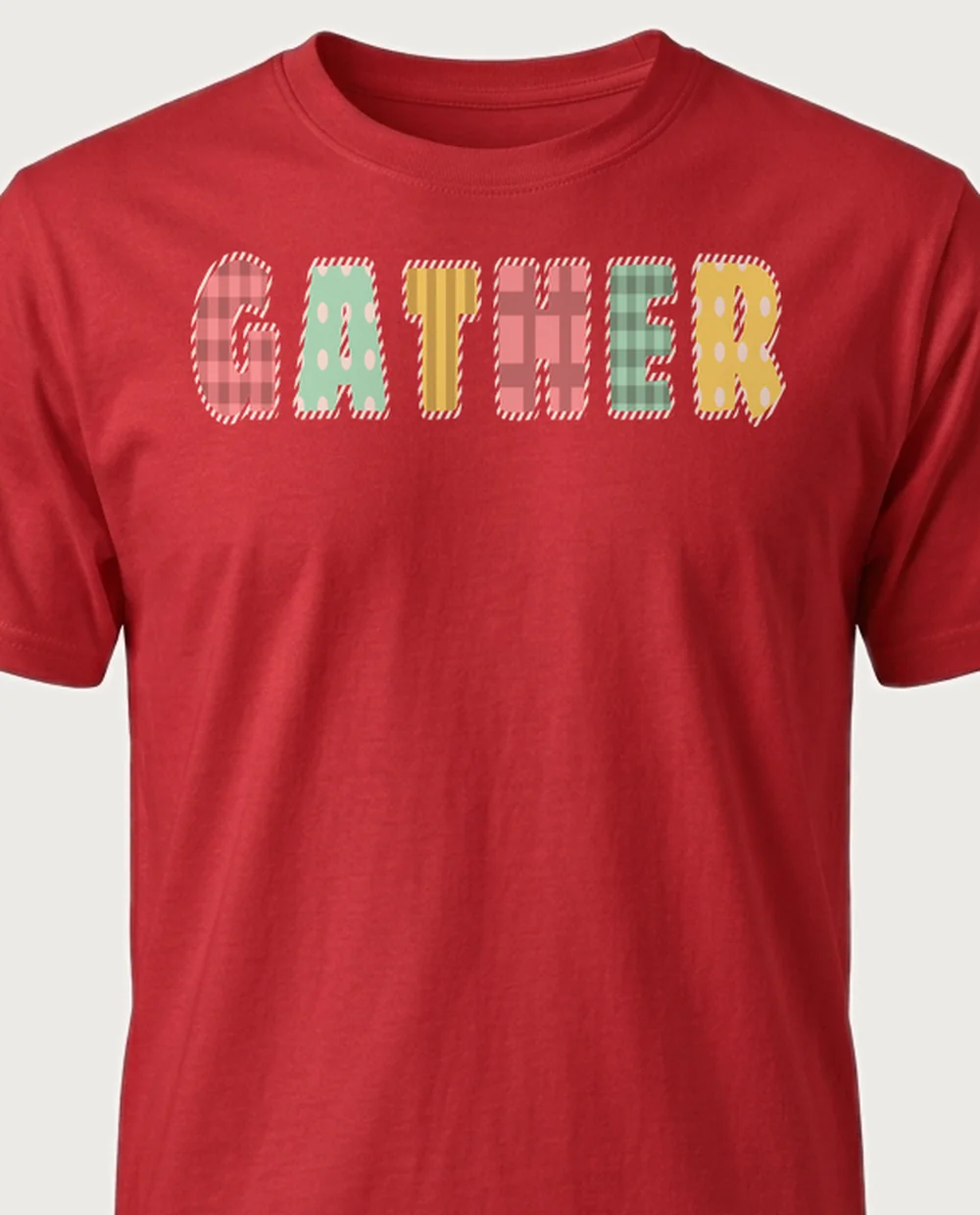 'GATHER' — Fabric Appliqué on a red tee