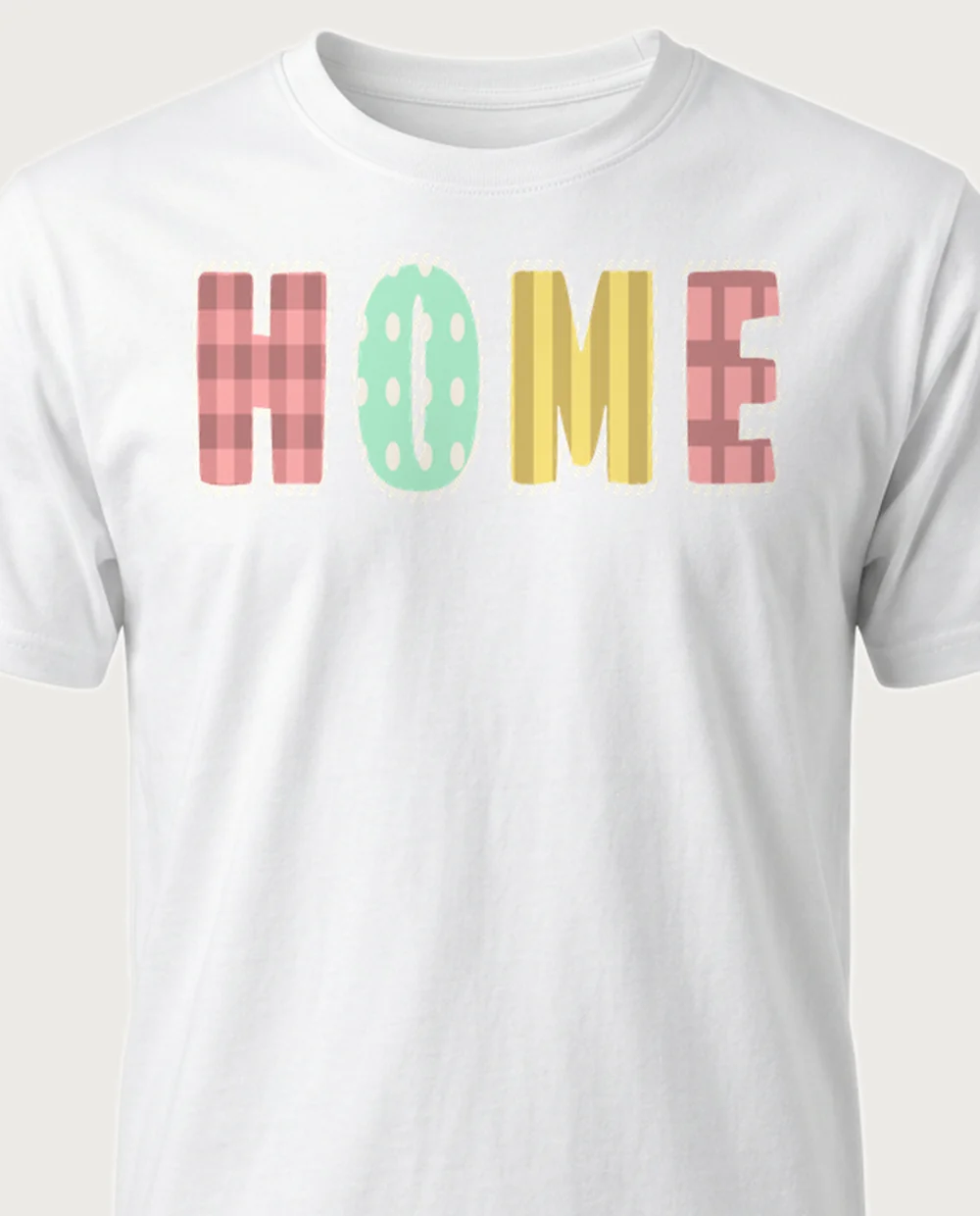 'HOME' — Fabric Appliqué on a white tee