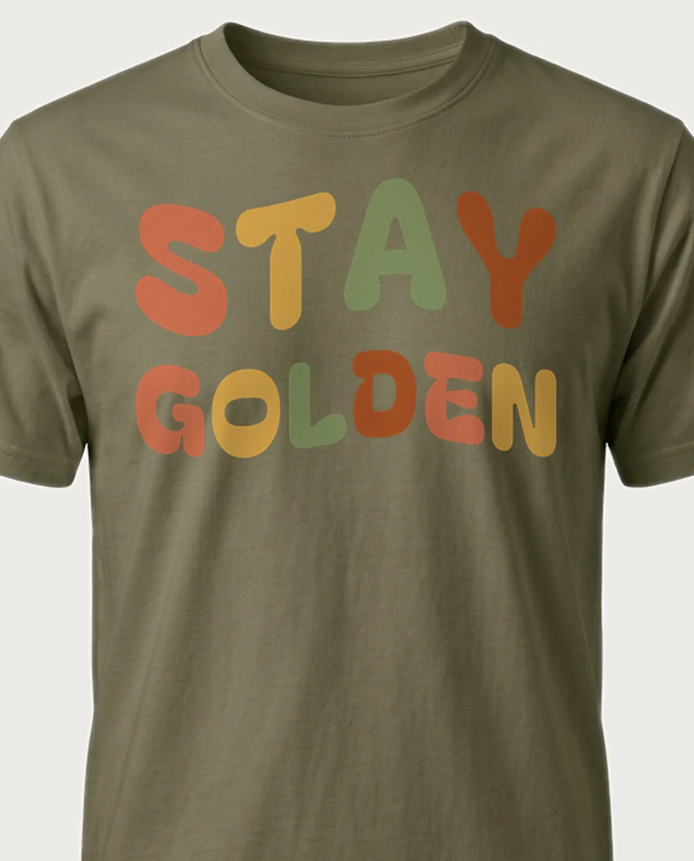 'STAY GOLDEN' — Groovy Wave on a military green tee