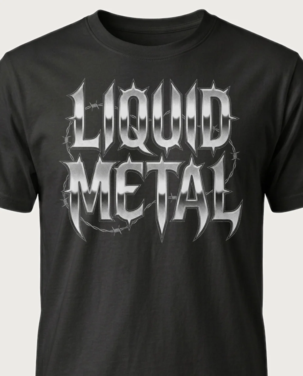 'LIQUID METAL' — Halftone Chrome Metal on a black tee