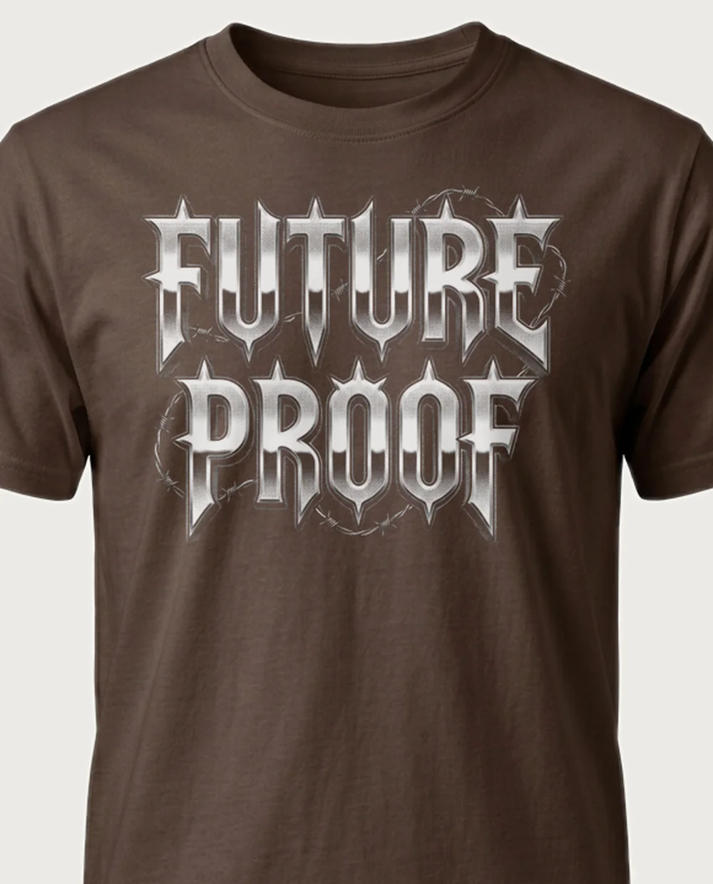 'FUTURE PROOF' — Halftone Chrome Metal on a chocolate tee
