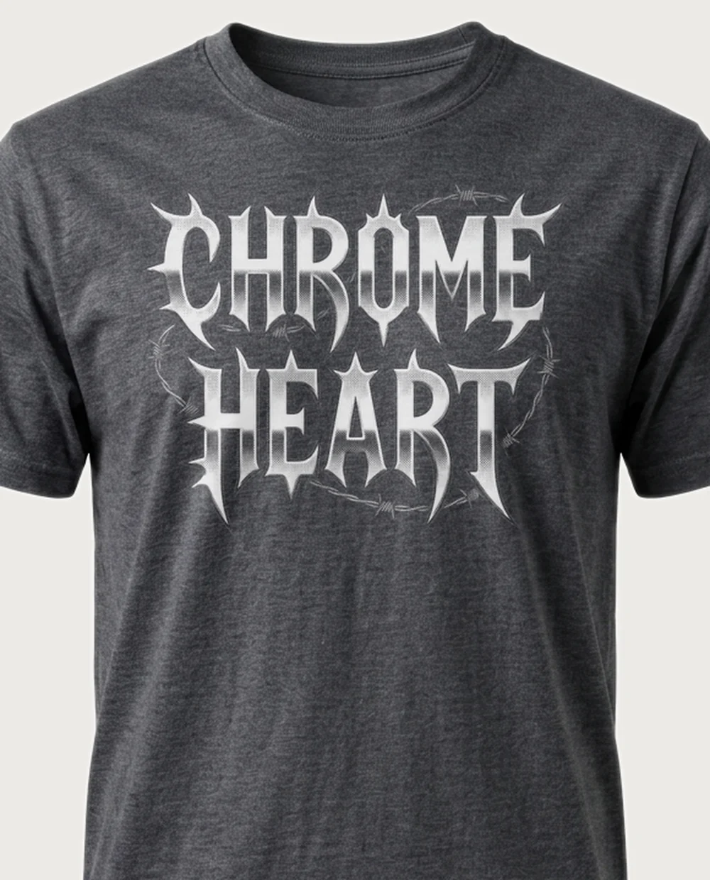 'CHROME HEART' — Halftone Chrome Metal on a dark heather tee